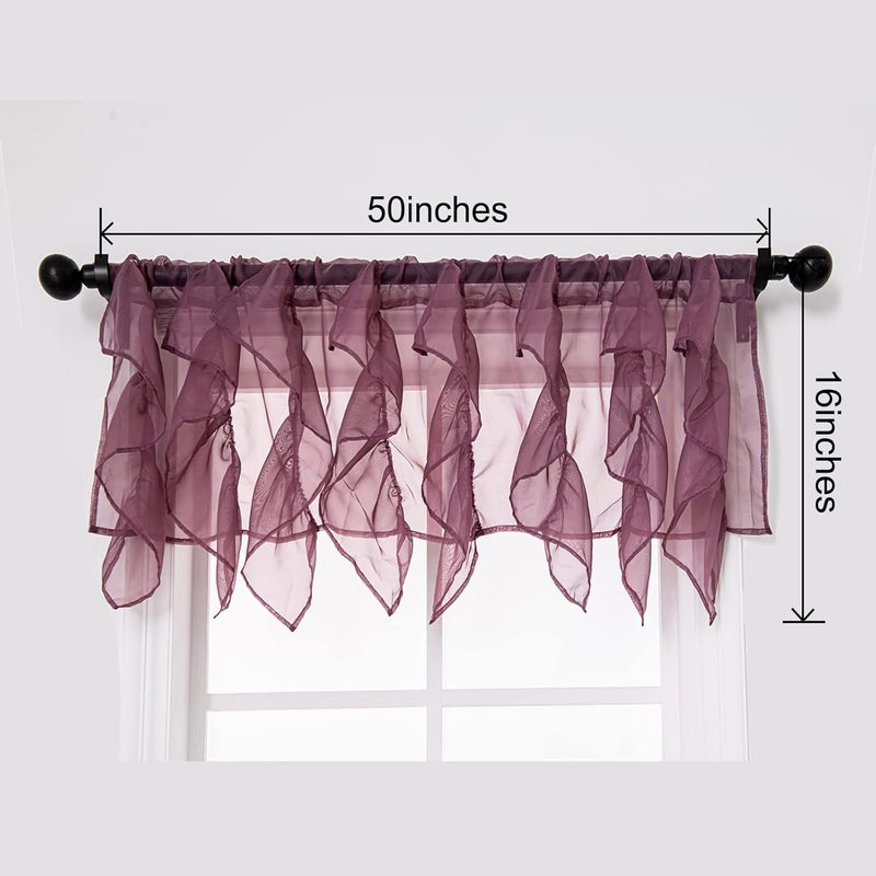 PearAge Ruffled Voile Semi Sheer Curtain Valance, Kitchen Living Room Shabby Chic Ruffle Valance Curtains, Girls Daughters Bedroom Cascade Window Valance Dark Purple 50x16 Inches - Image 2
